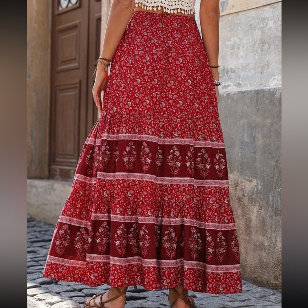 Boho gypsy floral print maxi skirt cinch waist red - Picture 2 of 2